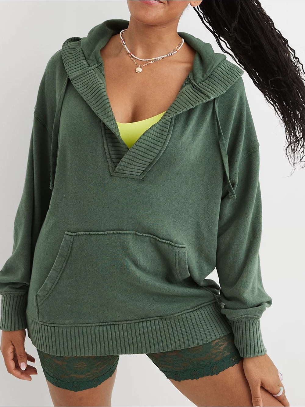 Aerie Down-To-Earth Henley Hoodie in a green washed color Size S